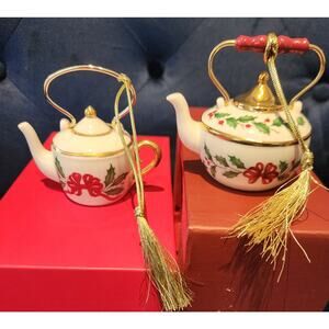 Lenox Holiday Tea Kettle Ornaments Set of 2 Holly Ribbon Gold Trim w/ Boxes
